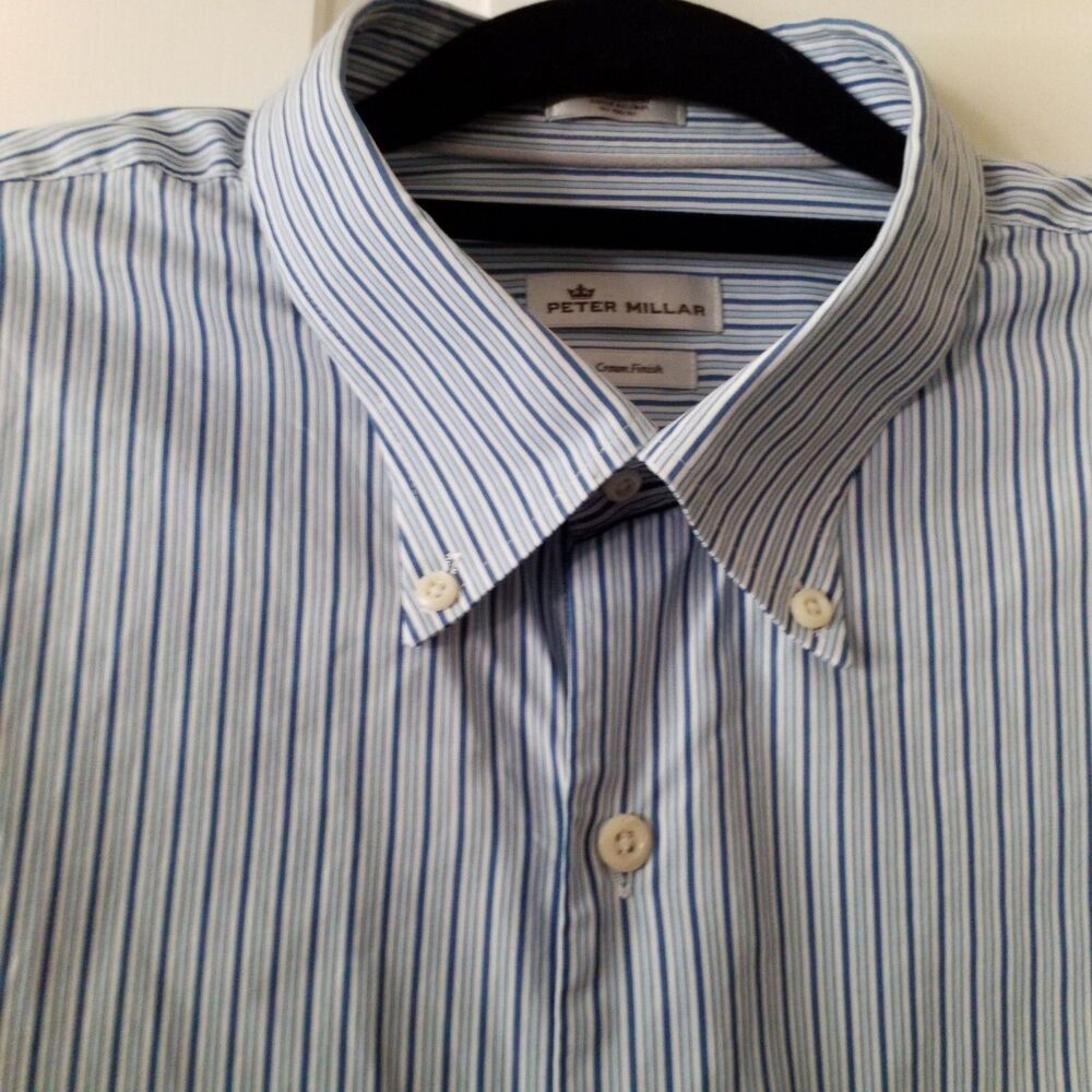 Peter Millar Shirt Mens 2XL Button Up Short Sleeve Blue Pocket Stripped Preppy